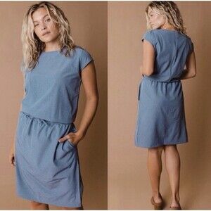 Albion Dusty Blue Short Sleeve Midi Dress with Drawstring Waist